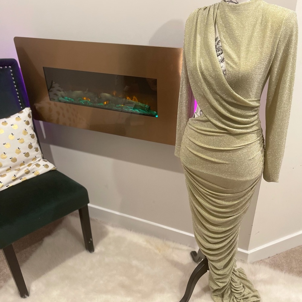 Light Gold Long Sleeve Metallic CutOut Dress - Picture 5 of 6
